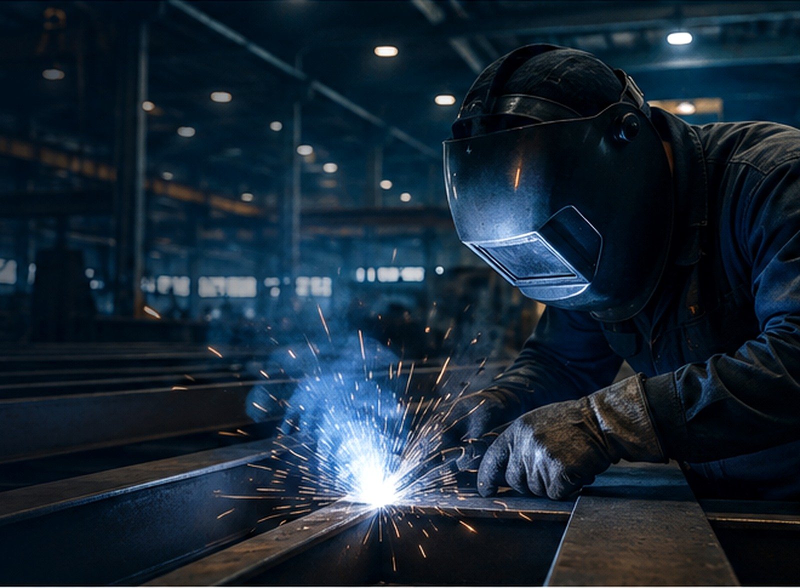 Professional steel welder fabricating a structural beam